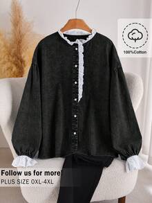 CosyJoli 大码女装秋冬衬衫、纽扣上衣、水洗牛仔衬衫、可爱蕾丝衬衫、休闲女装、女童服装、灯笼袖衬衫 - 黑色 - 查看 3