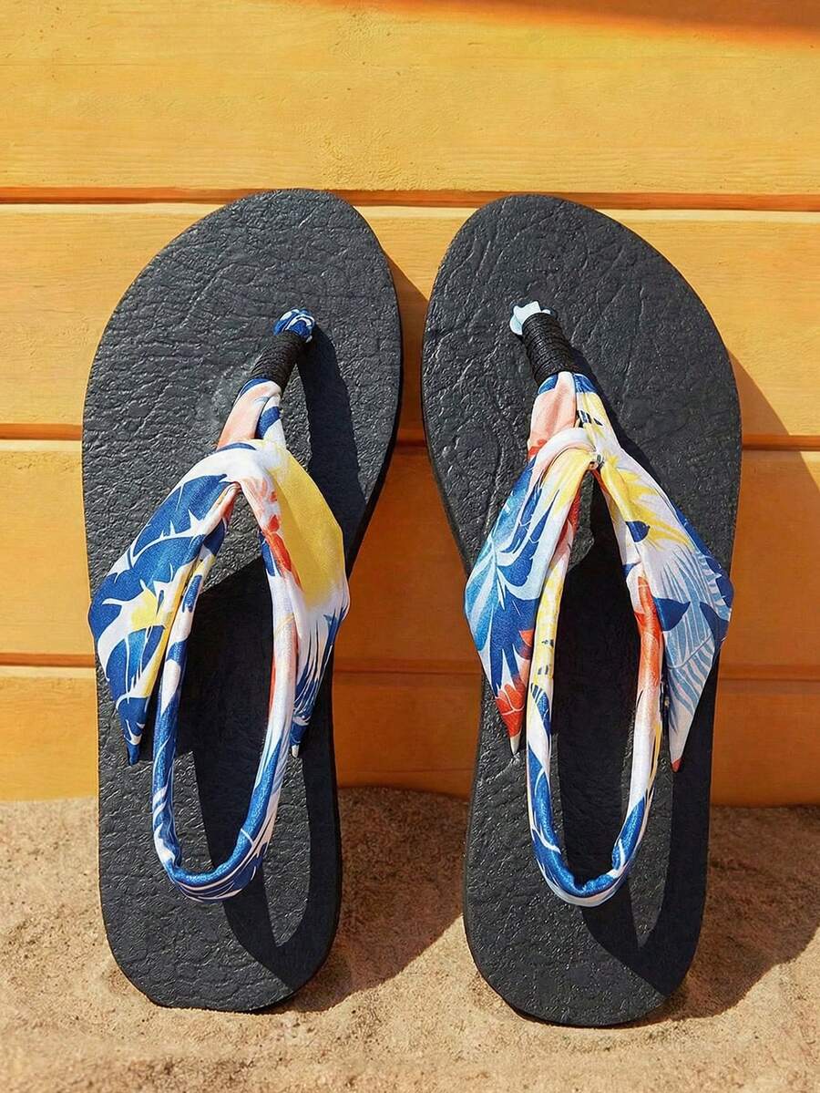 Grefit 2026 Rhinestone Thick-Sole Flip Flops | Summer Outdoor Comfortable Soft Bottom Non-Slip | Thick Sole Heighten Leg Flattering Beach Holiday Photo Prop, Multiple Colors (Asymmetrical Print Pattern) Beach Outfit Flip Flops - silk scarf - View 1