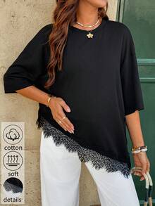 SHEIN Trang phục mùa hè, Quần áo bà bầu, Áo bầu, Áo thun bà bầu cổ tròn tay ngắn màu trơn phối ren vạt bất đối xứng, Áo thun nữ thường ngày, Áo kiểu nữ, Áo thun mới, Áo rộng nữ, Áo thun viền ren, Áo cotton nguyên chất, Áo công sở nữ, Áo kiểu nữ, Áo khoác ngoài thường ngày, Áo kiểu Zanzea cho nữ, Áo cotton đen, Áo nữ viền ren đen, Áo cotton mềm mại. - màu đen - Xem 1