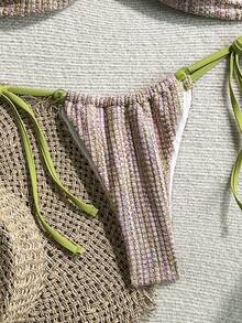 Swim Vcay Bộ bikini hai mảnh mùa hè dành cho nữ, chất liệu vải dệt họa tiết, điểm nhấn là áo và dây buộc bên hông, đính cườm, thích hợp cho kỳ nghỉ biển. - Nhiều màu - Xem 4