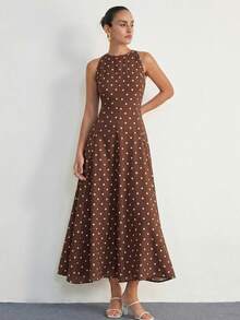 Aveloria Modichic Đầm dài nữ chấm bi cổ tròn, kiểu dáng tối giản, thích hợp cho tiệc tùng và đi chơi. - Cà phê - Xem 4