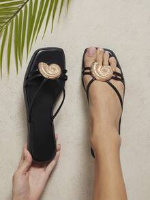 SHUZIA Sandal Wanita Minimalis Nyaman dengan Dekorasi Logam, Model Slip-On, Sepatu Musim Panas - Hitam - View 3