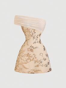 SHEIN Sweetro Đầm mini dáng chữ A thanh lịch, gợi cảm kiểu Y2K, vai bất đối xứng, đính cườm và thêu họa tiết, thích hợp cho mùa hè. - Màu be - Xem 3