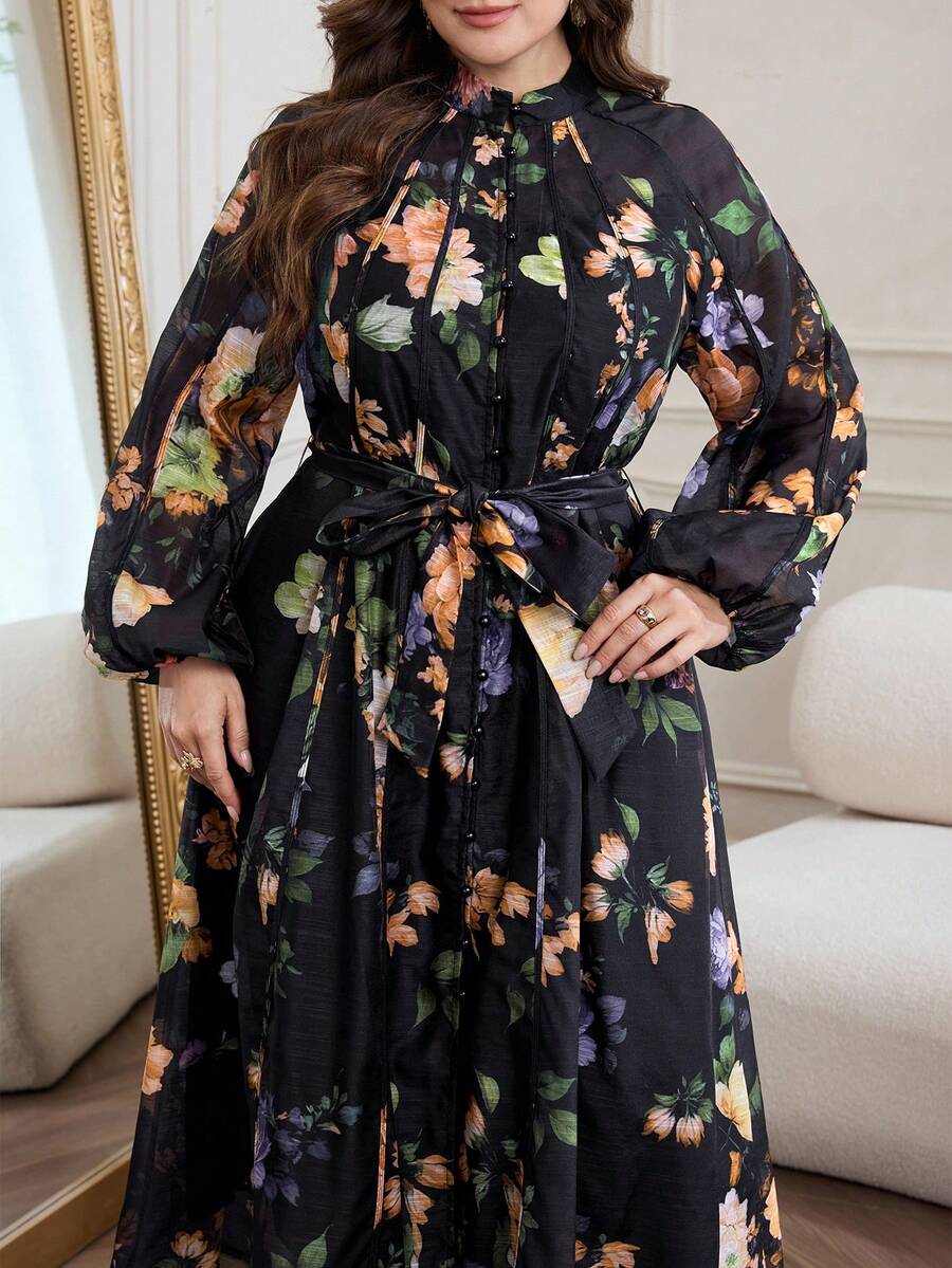 Modelyn Floral Print Stand Collar Long Sleeve Loose Regular Dress, Plus Size, Spring/Autumn - Multicolor - View 1
