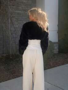 Sydney Algeri Áo khoác lông giả Giáng sinh màu trắng gợi cảm và dễ thương, thời trang thu đông đen trắng, áo lông thường ngày thanh lịch dành cho nữ, áo khoác lông giả mùa đông - màu đen - Xem 2