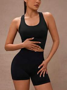Lumalex Solid Racer Back Sports Tank Top Fitted Shirt - Black - View 2