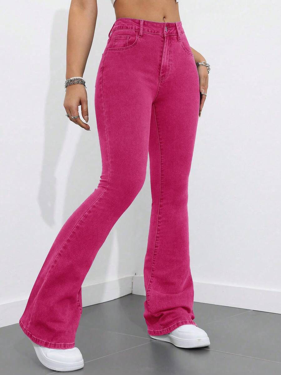 SHEIN EZwear 大码女式弹力喇叭牛仔裤，高腰复古水洗显瘦喇叭裤腿牛仔套装 - 玫紅色 - 查看 1