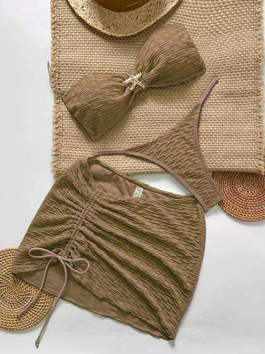 Swim Chiccia 女士纹理无肩带海星比基尼三件套性感泳衣 - 卡其色 - 查看 1