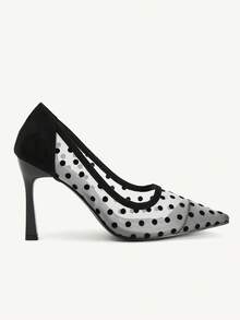 CUCCOO CHICEST 女士户外尖头细高跟鞋，羊毛圆点装饰网布面料，时尚舒适，适合日常、派对、婚礼、宴会等场合，一脚蹬款式 - 黑與白 - 查看 3
