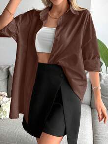 Cottnline 1pc Solid Drop Shoulder Button Front Shirt - Brown - View 3