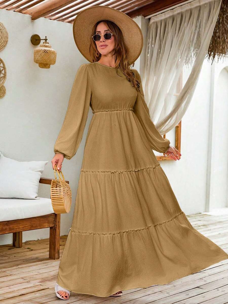 EURMUSE LANTERN LONG SLEEVE LAYERED LONG DRESS - Camel - View 1