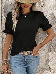 Breezaya Áo thun ngắn tay màu trơn, đa năng, phong cách thường ngày - màu đen - Xem 3