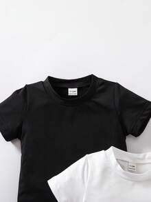 SHEIN Souflis 2件組女嬰服裝 白色與黑色 夏季休閒度假 時尚優雅老錢風圓領柔軟T恤上衣 度假海灘校園穿搭 - 黑與白 - 查看 6