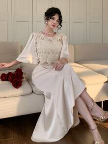 DAZY Đầm dài dáng đuôi cá thanh lịch dành cho nữ, cổ tròn, phối ren và satin. Đầm 2 trong 1. - Màu be - Xem 8