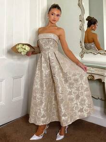 Glamine Charm Đầm midi xòe eo cao màu hồng dành cho nữ, chất liệu vải dệt hoa jacquard họa tiết hoa, đầm dài thanh lịch màu hồng kiểu công chúa, thích hợp dự tiệc, lễ tình nhân, đầm màu hồng dành cho nữ. - Hồng - Xem 5