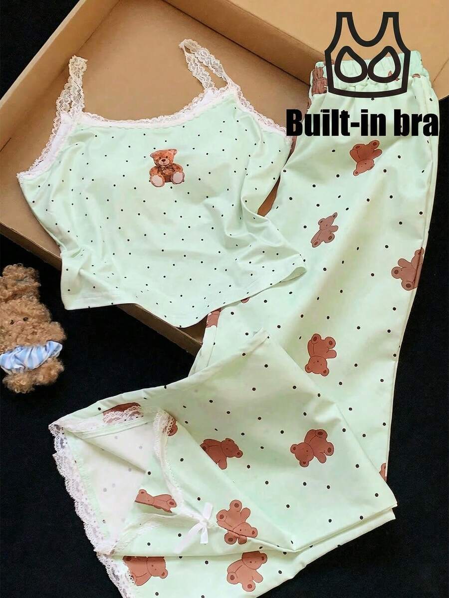 Comfortcana Bộ đồ ngủ 2 món dành cho nữ, gồm áo hai dây và quần dài in hình gấu, có áo ngực tích hợp. - màu xanh lá - Xem 1