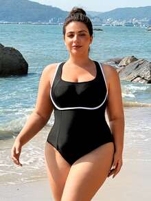 Swim SPRTY Plus Size Women One-Piece Swimsuit, Solid Color White Splice, Suitable For Beach, Pool, Swimming, Surfing, Sports - Black and White - View 6