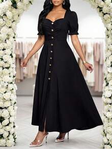 SHEIN Lady Robe élégante à col en cœur, manches à volants en pétales, boutonnage simple pour femmes, couleur unie - Noir - Voir 6