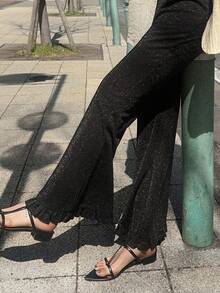 FRIFUL 女士休闲时尚街头日常通勤荷叶边喇叭裤夏季 - 黑色 - 查看 2