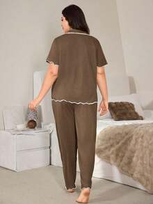 Doze Lane Plus Size Women's Brown Ruffle Trim Super Soft Draping Lightweight Floral Chiffon Knit Fabric Classic Loose Turndown Open Front Short Sleeve Pants - Brown - View 2