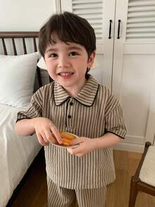 DAZY Young Boy Striped Print Short Sleeve Polo Shirt And Long Pants Pajama Set, Suitable For Spring, Summer And Autumn - Khaki - View 6