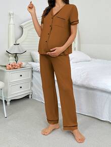 Moonlight&Mama Maternity Comfortable Front Button Short Sleeve Top And Pants Pajama Set, Summer - Brown - View 7