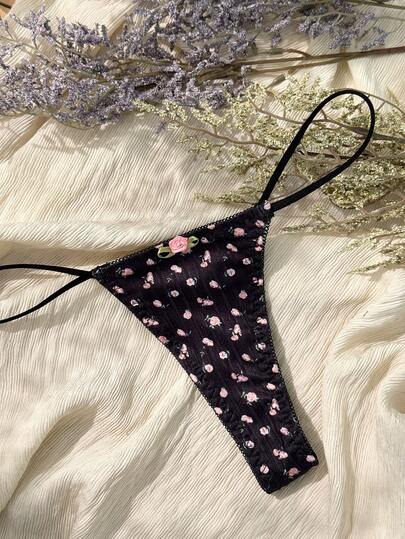 黑色花卉提花针织 3D 花朵浪漫乡村风格黑色丁字裤，女士花卉丁字裤内裤