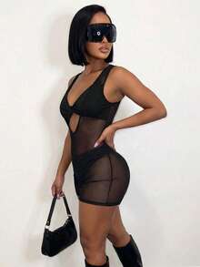 BamGleam Women's Mesh Patchwork Casual Everyday Romper See Through Jumpsuit Bodysuit For Women Romper See Through Romper Mesh Bodysuit, Summer , Summer Clothes  , Summer Outfits For Women , Summer Outfits ,  Summer Outfit For Women ,Vacation Outfits Women - Black - View 9