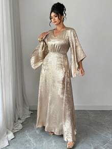Elenzga Plus Size Elegant V-Neck Waist Cinched A-Line Dress,Asymmetric Sleeve Design,High-End Cocktail Party,Wedding, Al-Adha,Gold,Winter,Modest,Graduation - Gold - View 4