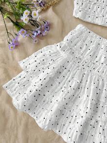 SHEIN 青少年女孩 T-Shirt 套裝 春夏波點針織提花紋理細肩帶上衣 荷葉邊 A 字蛋糕裙褲 2 件套 休閒復古街頭度假風 - 白色 - 查看 4