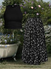Solflare Plus Size Women's Solid Color Tank Top & Ditsy Floral Mini Skirt 2-Piece Set, Spring/Summer - Multicolor - View 3