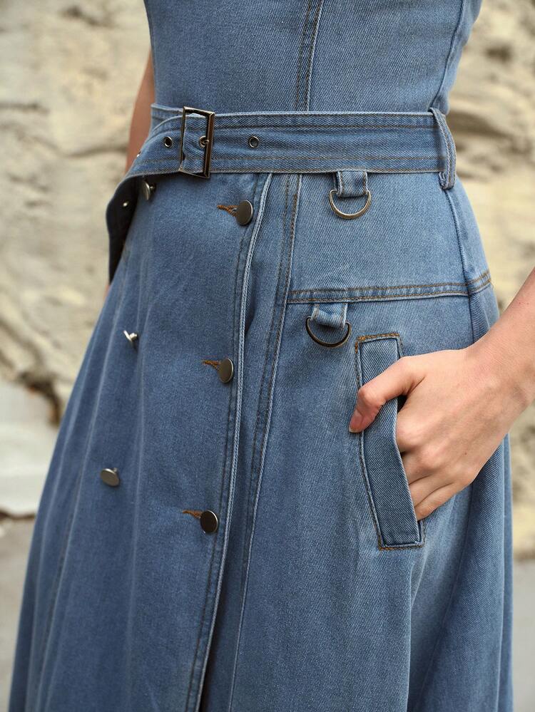 WOMEN'S FASHIONABLE WRAP-AROUND WAIST FLARED DENIM DRESS, SPRING/SUMMER