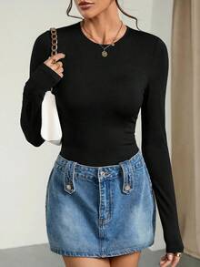 SHEIN Tall 2件套女士纯色针织圆领长袖连体衣，休闲舒适，时尚修身，百搭 - 黑色 - 查看 2