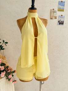 Soleia Women's Summer Vacation Solid Color Halter Backless Top And Shorts 2 Pieces Set - Yellow - View 6
