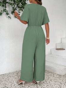SHEIN Clasi Bộ đồ liền thân thắt eo cổ chữ V màu trơn thời trang cỡ lớn cổ điển thường ngày - màu xanh lá - Xem 2