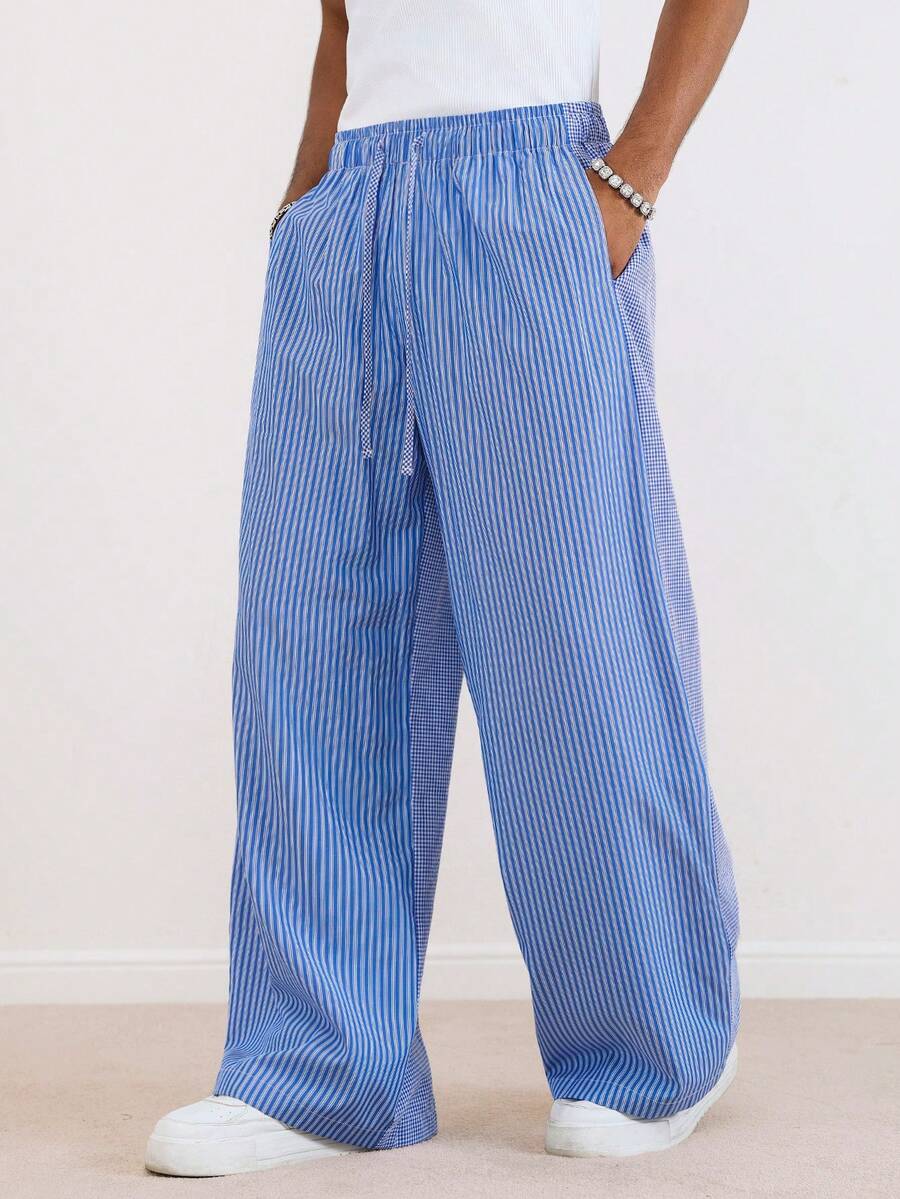 TOKVUE 男士抽绳腰带条纹口袋阔腿宽松裤 - 藍色 - 查看 1