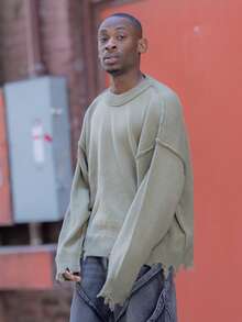 BelSigned BelSigned ANDREILEE Autumn/Winter Unisex Street Style Minimalist Long Sleeve Crew Neck Pullover Sweater, Loose Fit Comfortable Knit Top With Fringe & Distressed Details - Green - View 1