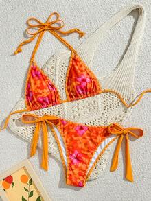 Swim Vcay Bộ bikini hai mảnh in hoa dành cho nữ, kiểu dáng yếm cổ, thời trang mùa hè. - Màu vàng - Xem 7