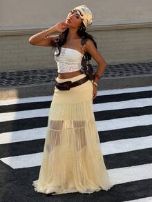 Muchica 女士休闲度假抽绳半身裙 - 杏色 - 查看 5