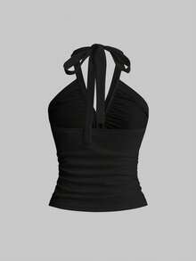 ROMWE Women's Y2K Sexy Halter Neck Ruched Cropped Tank Top - Black - View 2