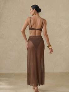 SHEIN Swim Women's Solid Color Metal Decor Casual Bikini And Triangle Briefs Swimwear Set - Brown - View 2