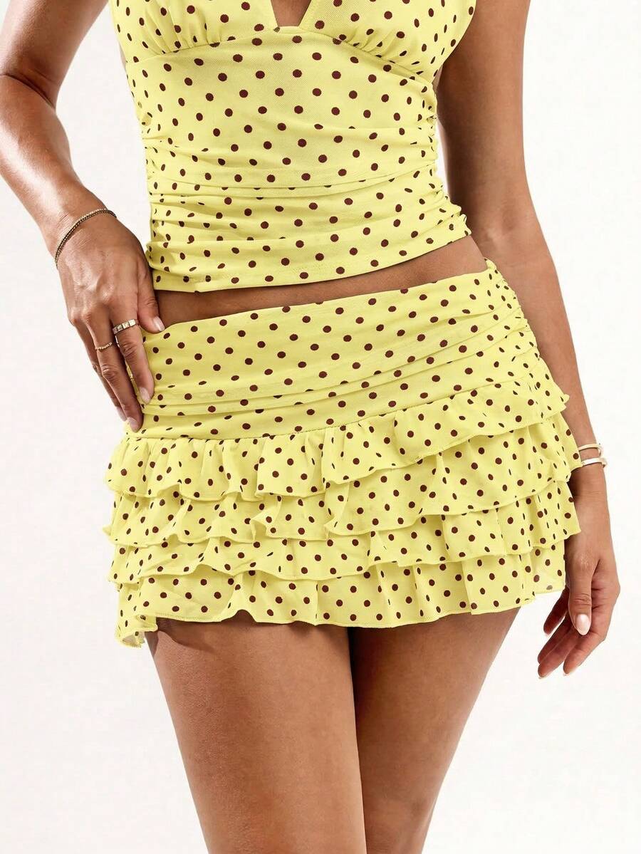 SHEIN BAE Women's Casual Polka Dot Multi-Layer Mini Skirt - Yellow - View 1