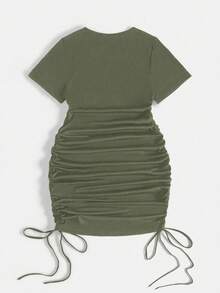 Rustia Plus Size Women Summer Short Sleeve Drawstring Ruched Bodycon Dress,Olive Green Sommar Casual Night Out Club Casual Everyday Commute Fitted Outfits - Army Green - View 2