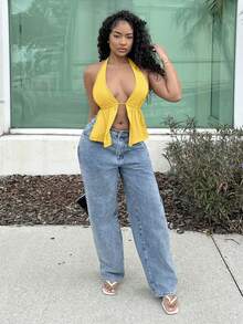 Alexandranx Summer Front Slit, Backless, Knotted Halterneck Black Top Yellow - Yellow - View 5