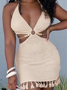Alexandranx Summer Beach Vacation Halterneck Waist Hollow Hem Tassel Yellow Tight Mini Dress - Apricot - View 3