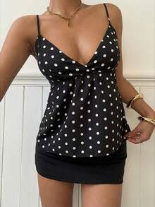 Muchica Áo hai dây cổ chữ V chấm bi phong cách thường ngày dành cho nữ, thích hợp cho kỳ nghỉ xuân/hè. - màu đen - Xem 4