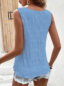 Breezaya Chemise décontractée pour femmes à col rond avec dentelle contrastée et sans manches - Bleu azur - Voir 2