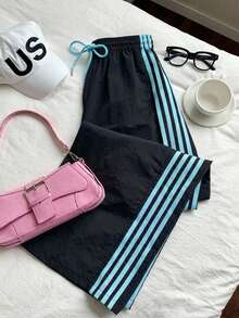Comfortcana Contrast Side Stripe Elastic Waist Casual Loose Plus Size Sweatpants - Navy Blue - View 3