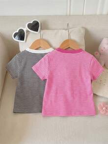 SHEIN Playful Pals 女婴休闲宽松舒适百搭撞色条纹短袖上衣 - 彩色 - 查看 2