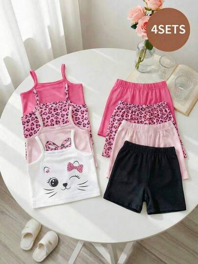 Playful Pals Bộ áo khoác và quần short dệt kim mùa hè cho bé gái, họa tiết mèo dễ thương, nơ, da báo, màu trơn, phù hợp cho mặc thường ngày, dã ngoại, thể thao và dự tiệc.